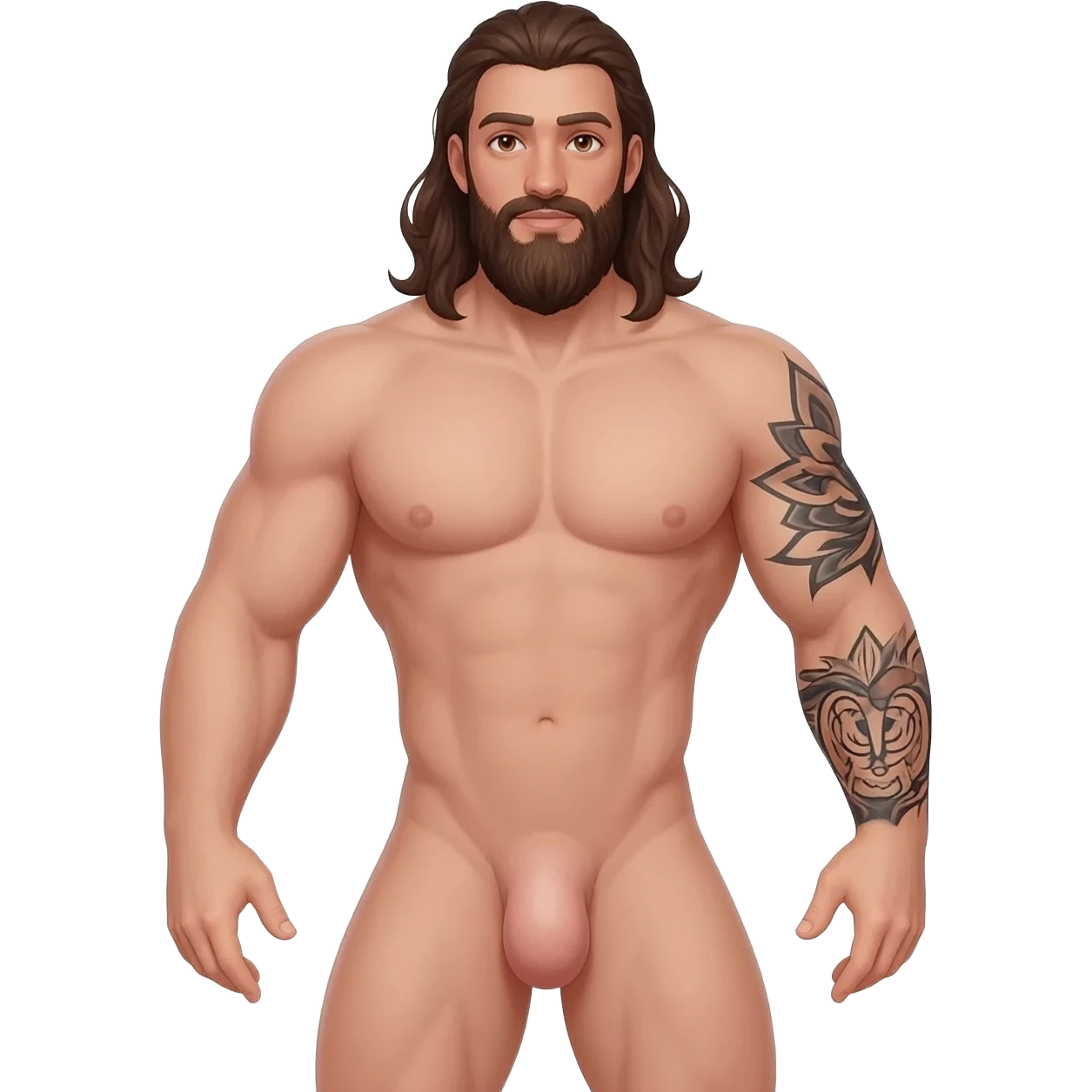 Male brunette, long hair beard, brown eyes tattoo on the arm sleeves, full body nude with a humungous 10 inch beautiful shaped penis emoji