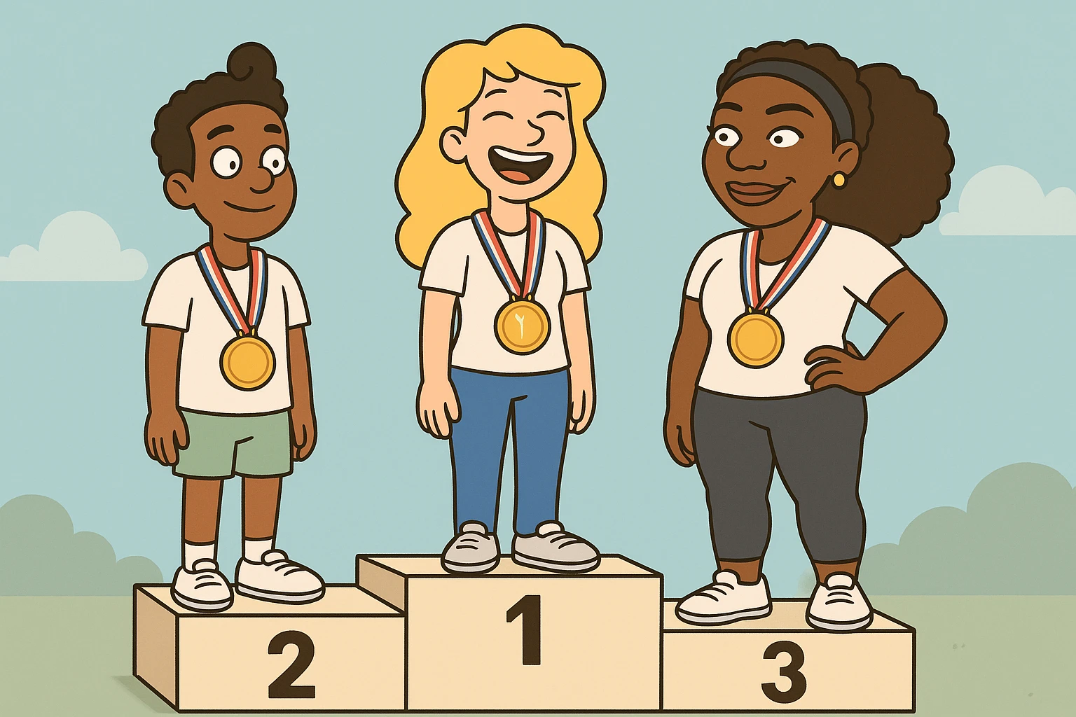 winners podium girl yellow hair Olympic Gold Medal a boy brown skin black Classic Curl hair Olympic Gold Medal Serena Williams Olympic Gold Medal  emoji