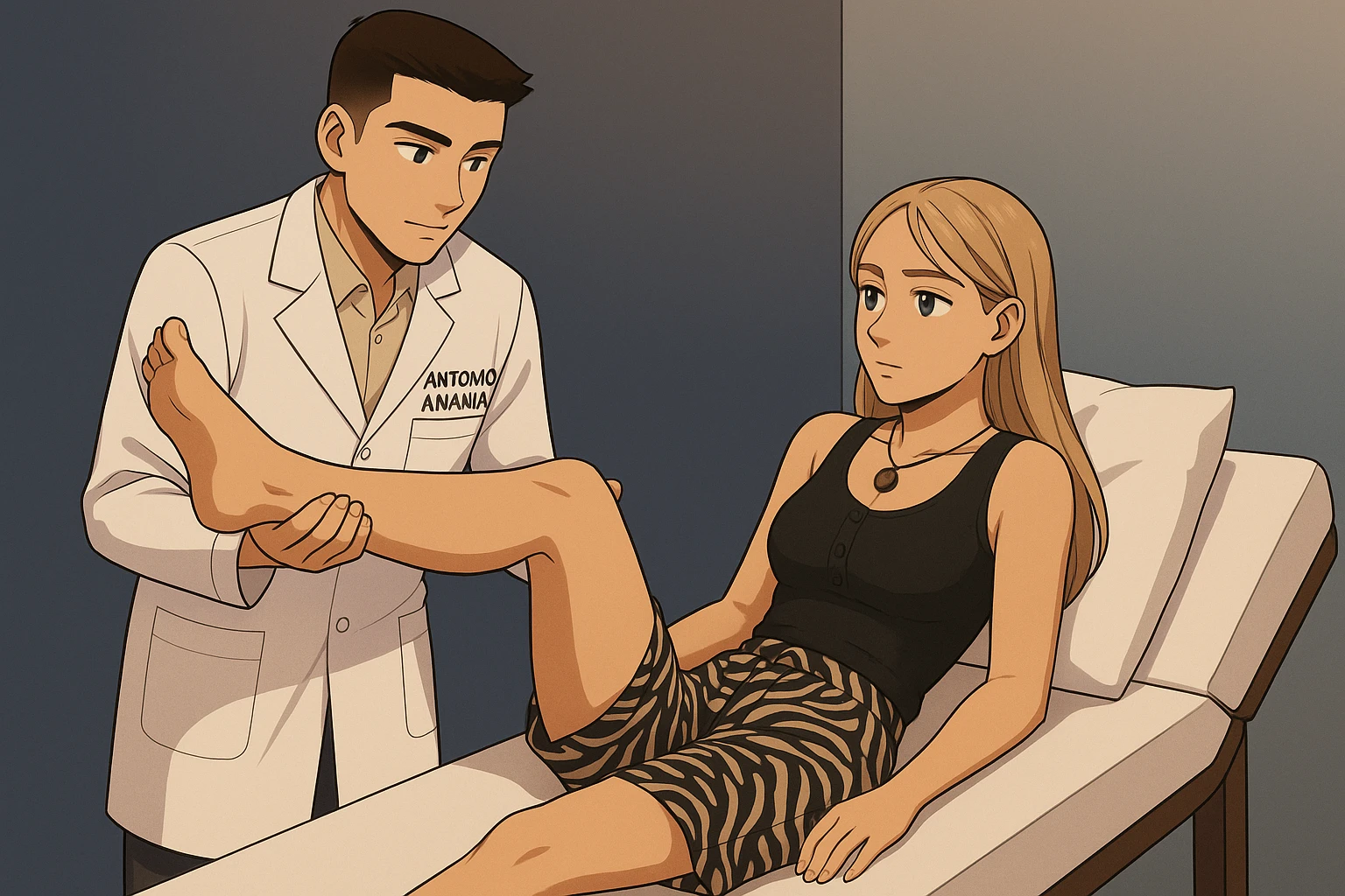 fai un webtoon/manga a colori con questo kinesiologo in camice bianco (fagli la scritta "ANTONIO ANANIA" SUL CAMICE) CHE SVOLGE UN TEST NEUROMUSCOLARE SOLLEVANDO UNA GAMBA ALLA RAGAZZA CHE è STESA SU UN LETTINO BIANCO. STANZA SEMPLICE E MODERNA, DURANTE IL TEST I DUE DIALOGANO TRA LORO. NON FARE I FUMETTI, FAI SOLO LORO COME SE DIALOGASSERO emoji