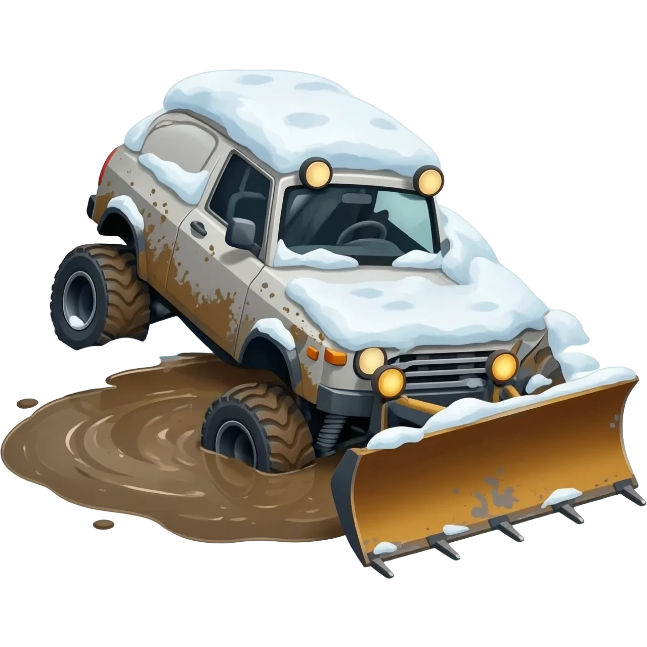 🏔️ Off-Road Emergency 🚜 Mudslide: Çamur deryasına saplanmış ve yan yatmış bir 4x4 arazi aracı. Avalanche: Kar yığını altında kalmış bir kar küreme aracı. emoji