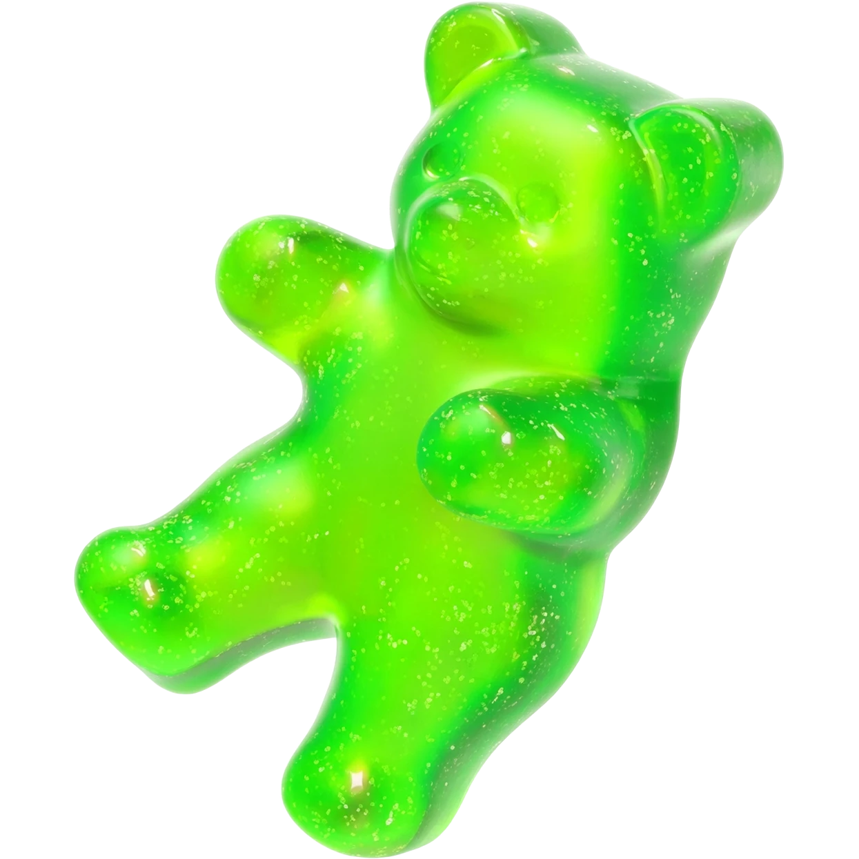 a hyper-realistic 3D rendering of a translucent, glistening neon green gummy bear mid-bounce, its plump body captured in dynamic motion as if frozen in time. The candy's surface refracts light like real gelatin, with sticky highlights gleaming along its curved edges and subtle sugar granules  emoji