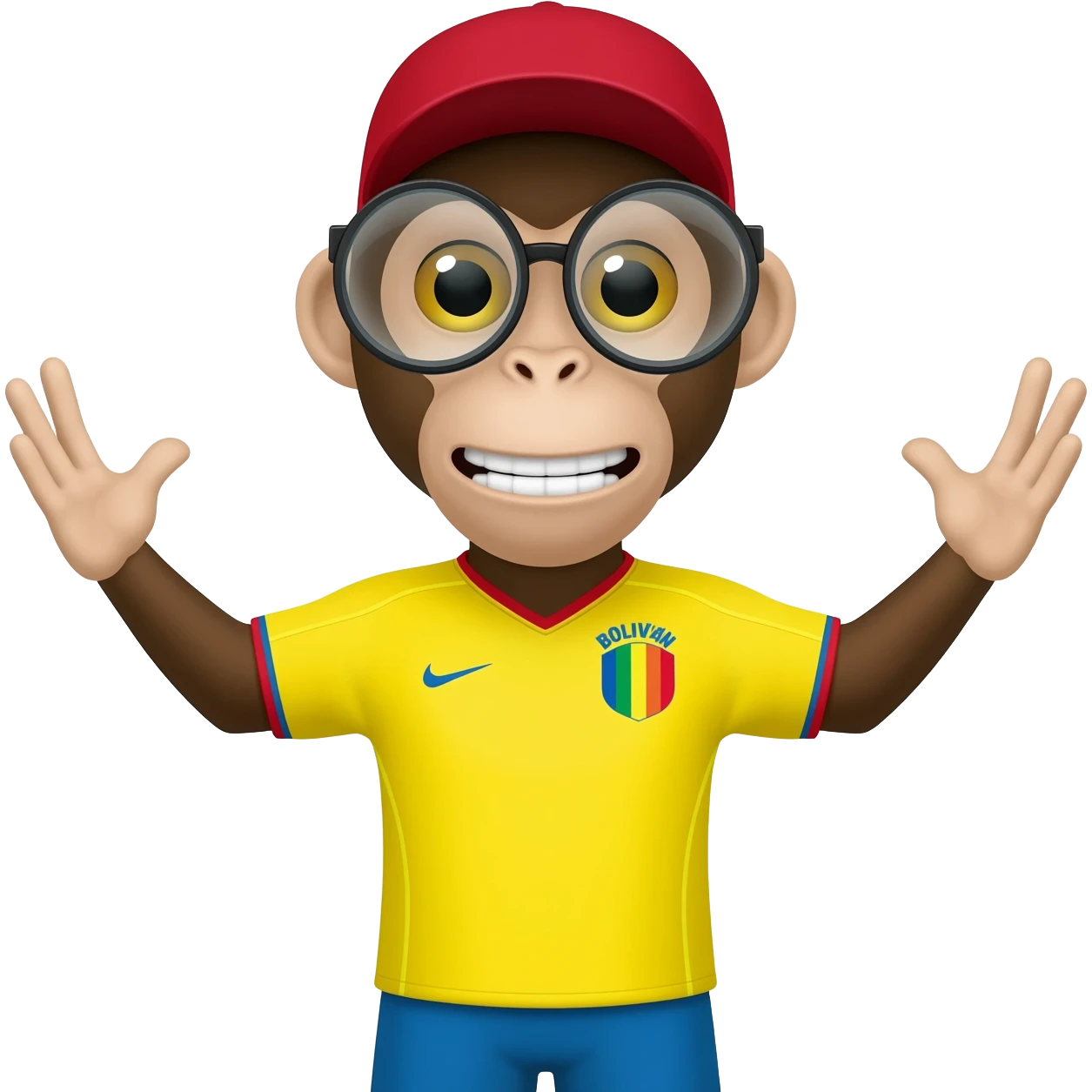 Un mono con gestos humanos con uniforme de la selección de futbol boliviano con lentes de aumento y gorra emoji
