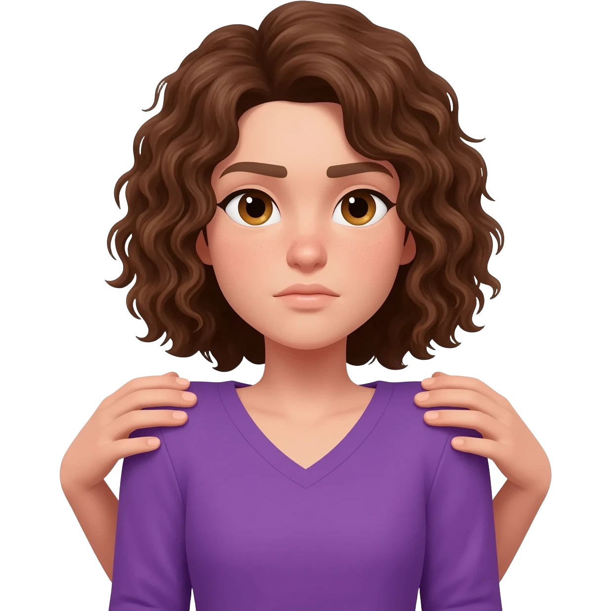 brown curly shoulder length hair, hair touching shoulders, hazel eyes, pail skin, purple v-neck shirt, in a shrug position. emoji