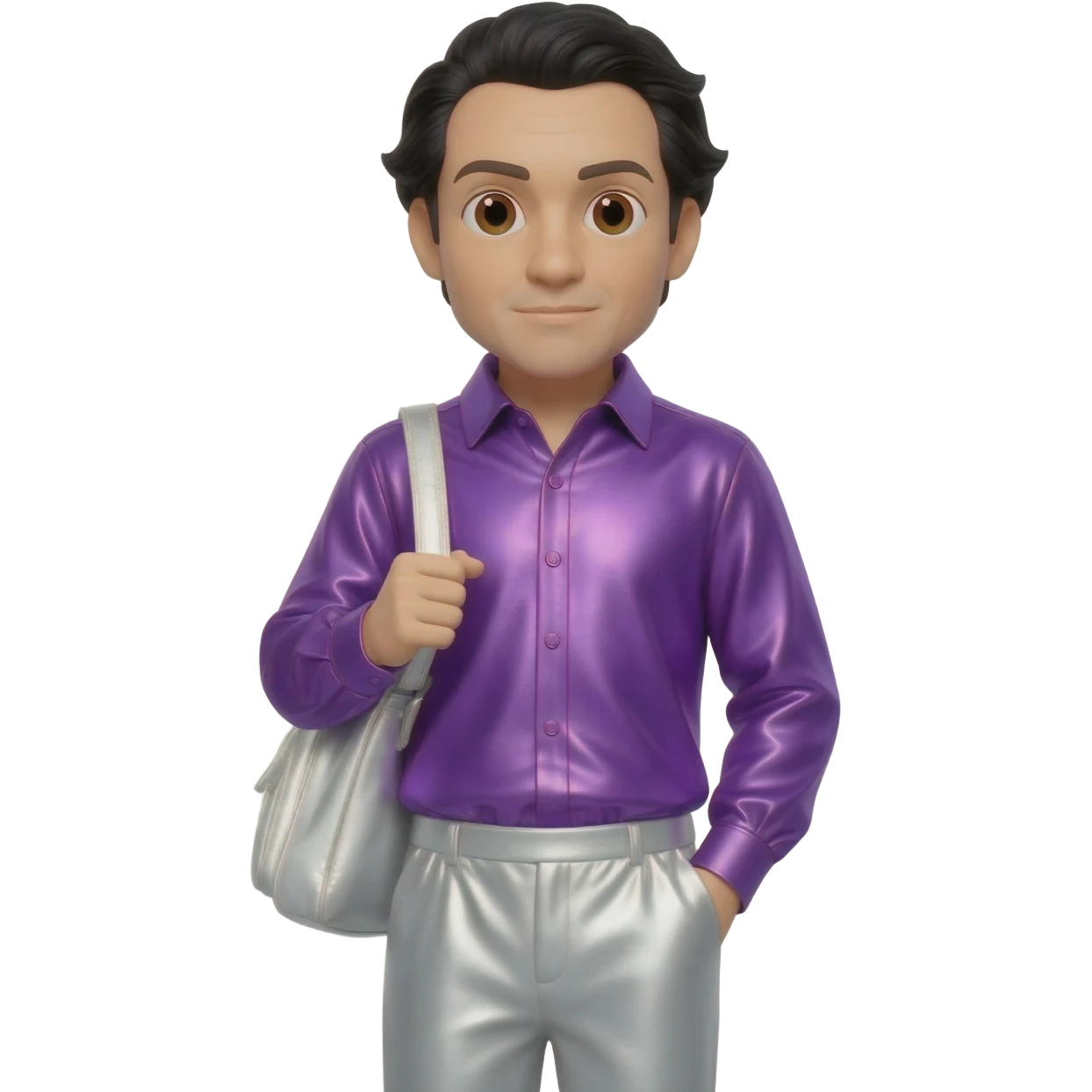 Jeff Fatt from The Wiggles with brown eyes, black hair, purple metallic shirt, white metallic baggy pants emoji