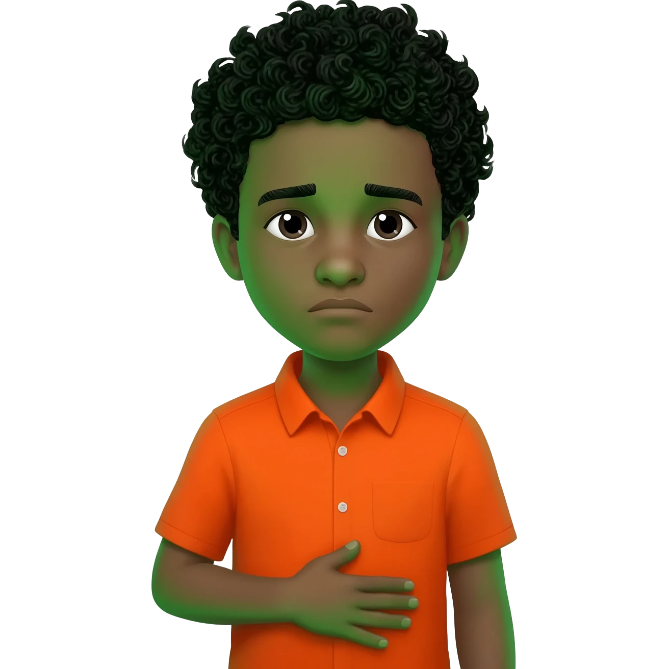black boy curly hair orange shirt feel sick hand on stomach green face emoji