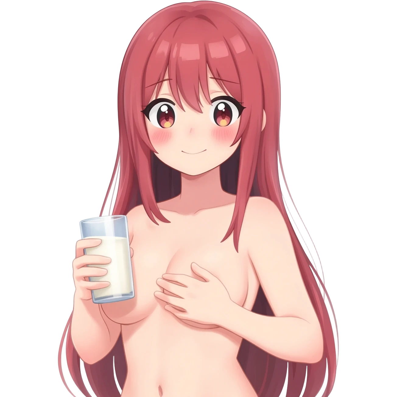 Anime girl long hair holding her breast milk in glass blushes and giggles complete nude   body vagina peirced emoji