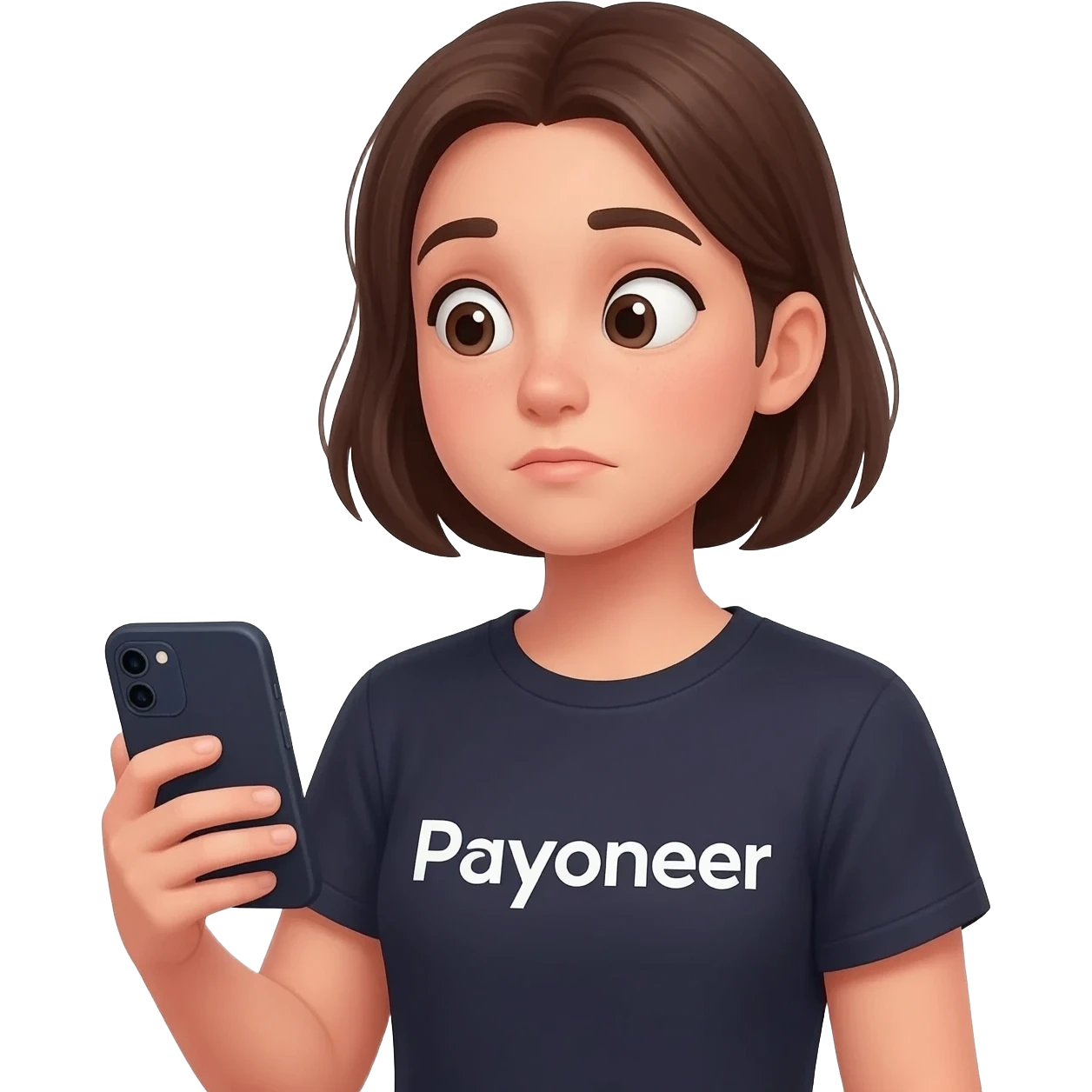 Girl looking at her phone with wondering face and a question mark wearing dark tshirt with payoneer written on it not a logo, just a word in the same font as on logo emoji