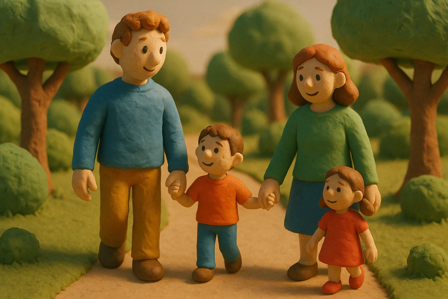 parents take their children home, family walking through a park on their way home emoji