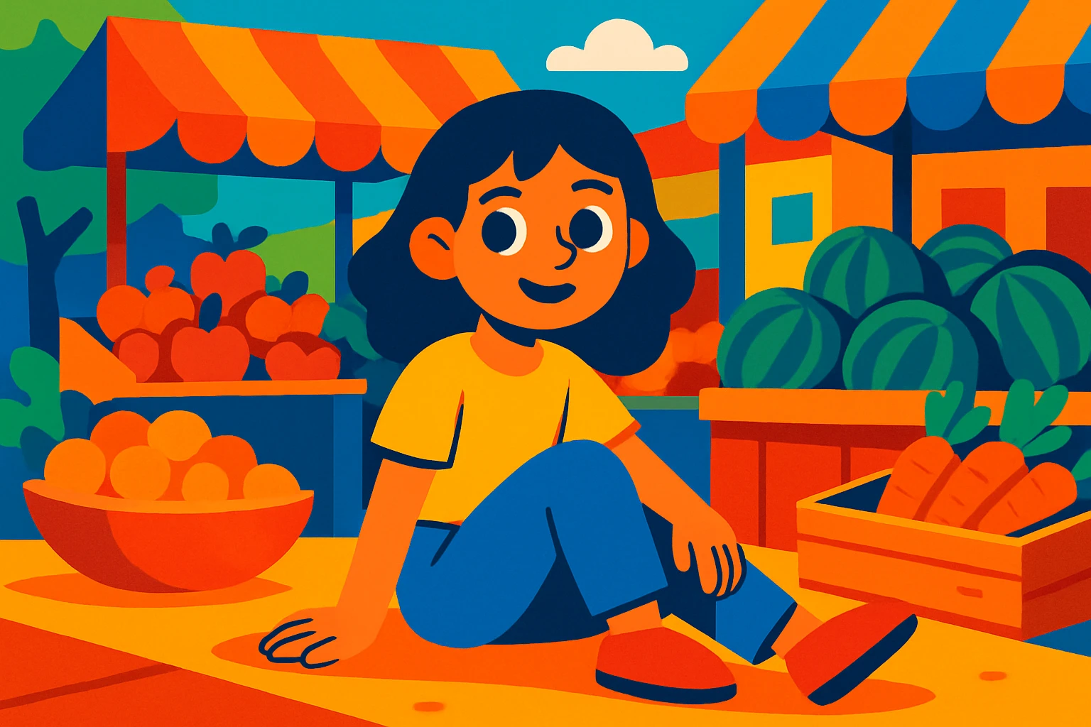 girl sitting on the marketplace, vibrant toon style emoji