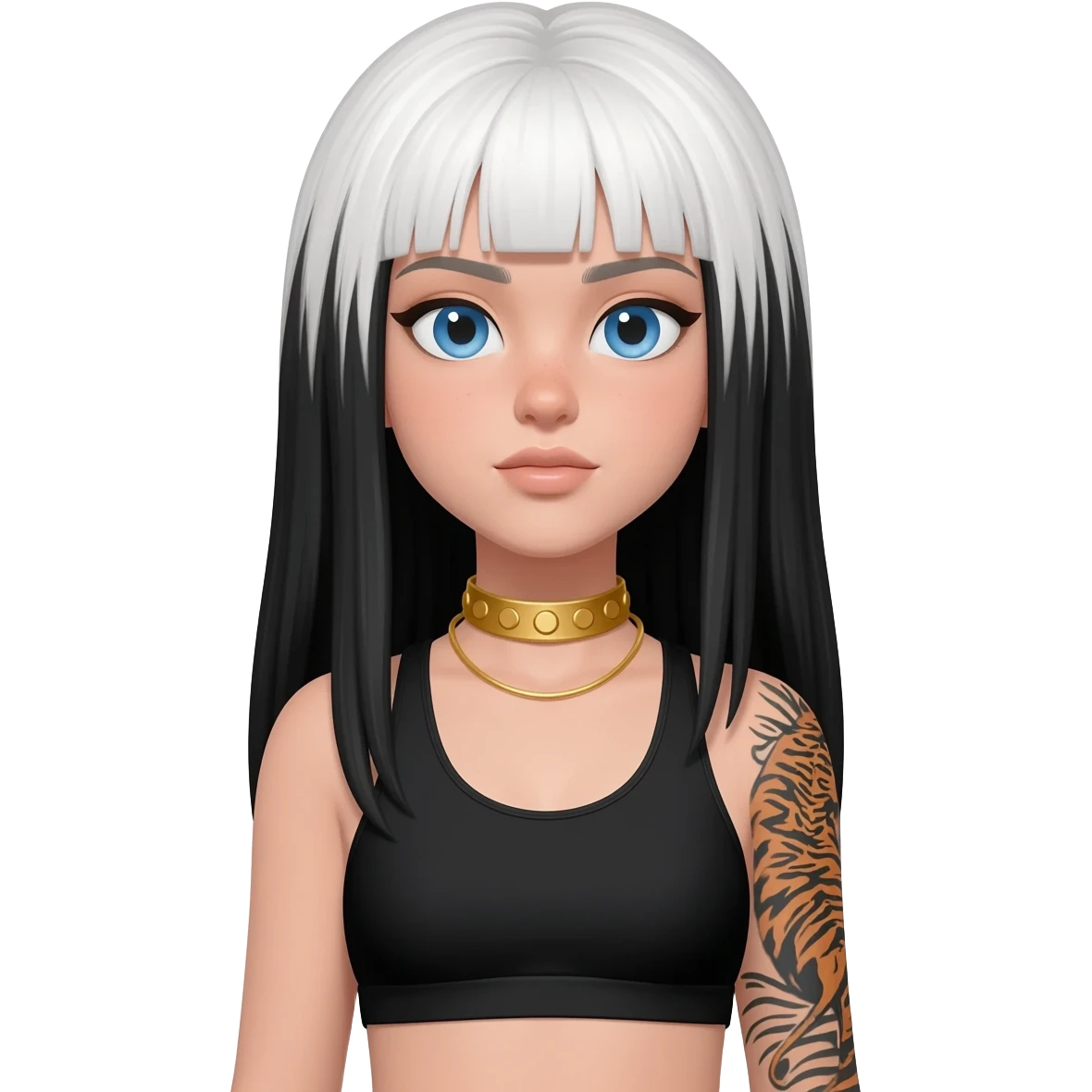 Emoji with blue eyes girl with long black and white hair wearing a gold choker neckless wearing black sports bra tiger tattoo on right arm emoji