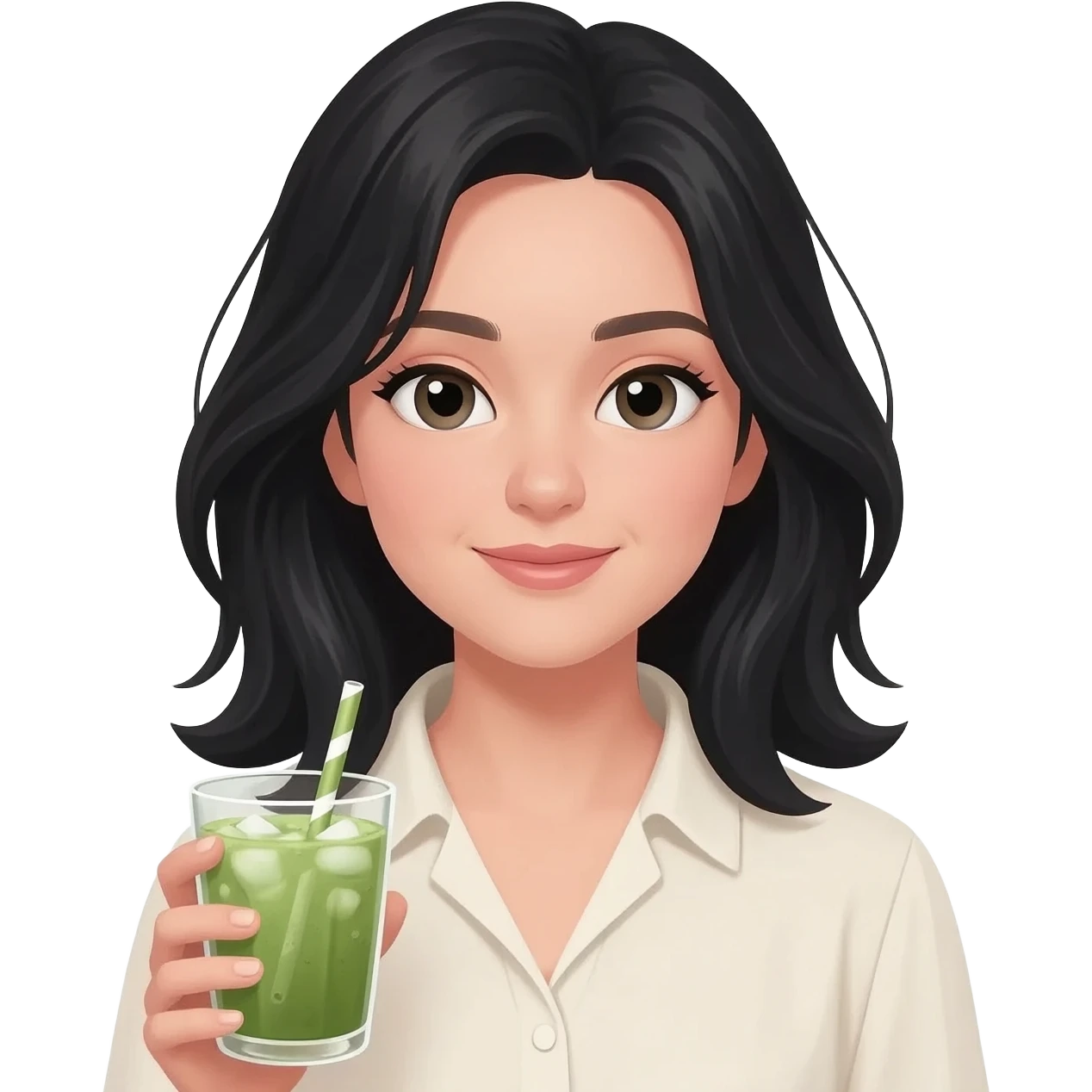 white girl in black layered hair with iced matcha emoji
