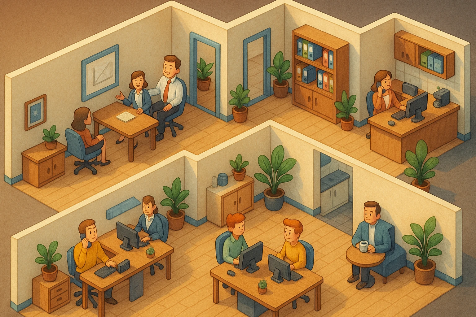 В слегка рисованном, но при этом ярком и объемном стиле - четкую, изометрическую 3D-сцену в мультяшном стиле с видом сверху под углом 45°, изображающую офис кабинетами, open space и другими характерными местами. В офисе работают люди - кто-то говорит по телефону, работает за компьютером, другие пьют кофе, сидят на общем собрании, переговори. Используйте мягкие, изысканные текстуры с реалистичными PBR-материалами и мягким, реалистичным освещением и тенями, не обрезать картинку краями кадра emoji