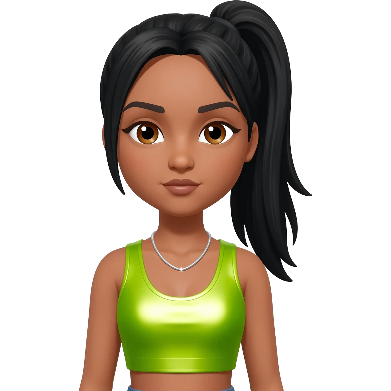Left Eye from TLC with brown eyes, black ponytail hair, lime green metallic crop top, silver necklace emoji
