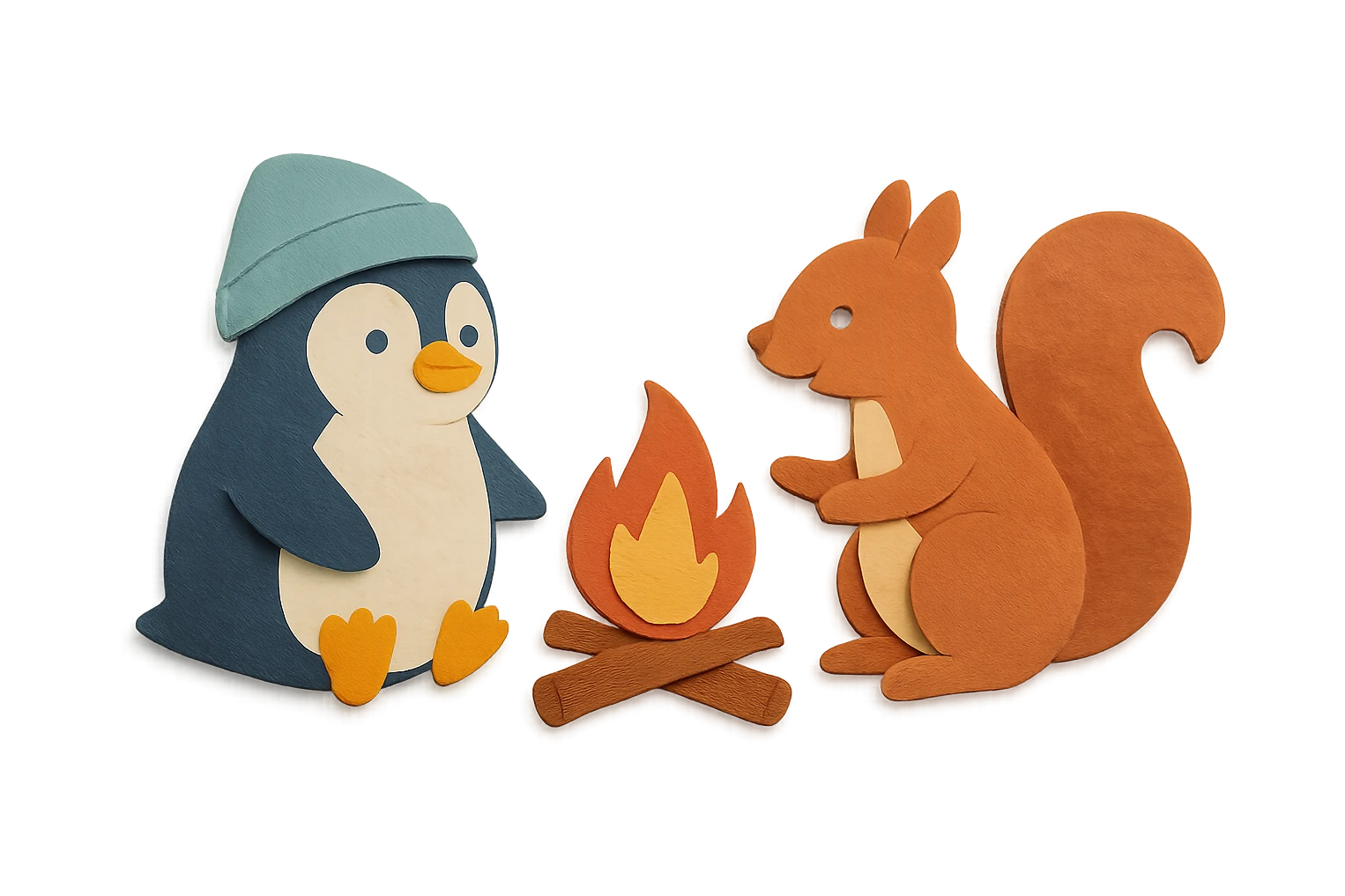 Pinguin und Eichhörnchen beim Campen, Papierbastel-Stil, Lagerfeuer emoji