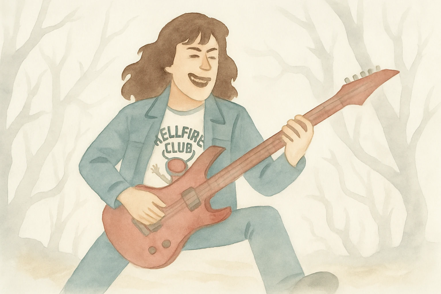 Eddie Munson from Stranger Things in the Upside Down, vibrant toon style with soft watercolor-inspired edges, wide aspect ratio (16:9), dramatic supernatural background, blending soft and hard contours. emoji