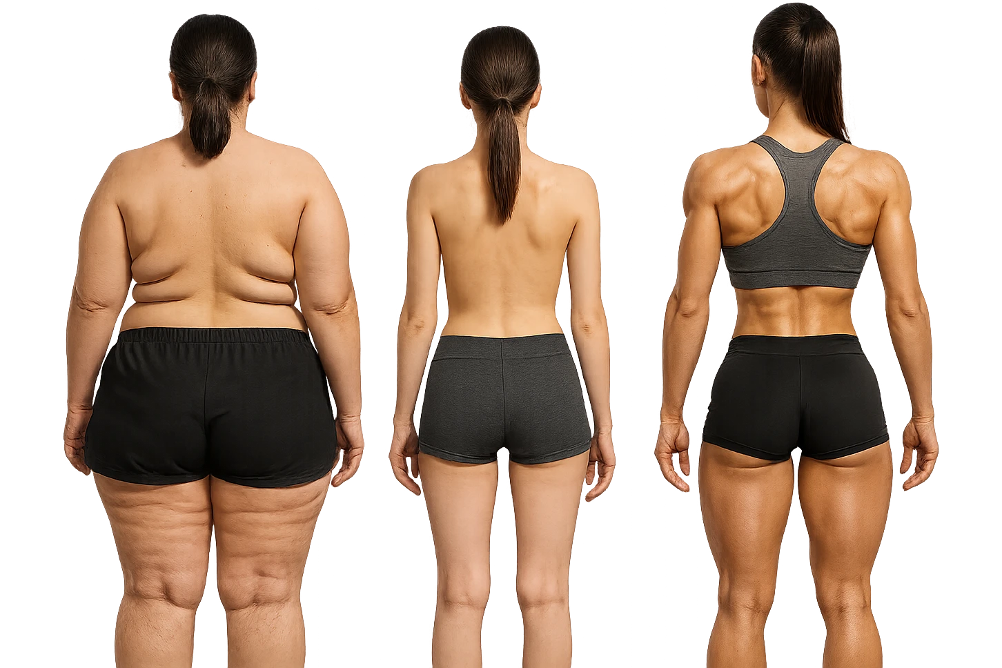 fai una donna di spalle in gym shorts leggermente sovrappeso e con cellulite e accanto una seconda donna di spalle magra (che è dimagrita post dieta) e accanto una terza donna in forma allenata e con le giuste proporzioni, l'immagine deve rappresentare il processo: da donna grassa, a donna piatta e magra, a donna allenata e in forma con i giusti muscoli, iperrealistico 4k emoji