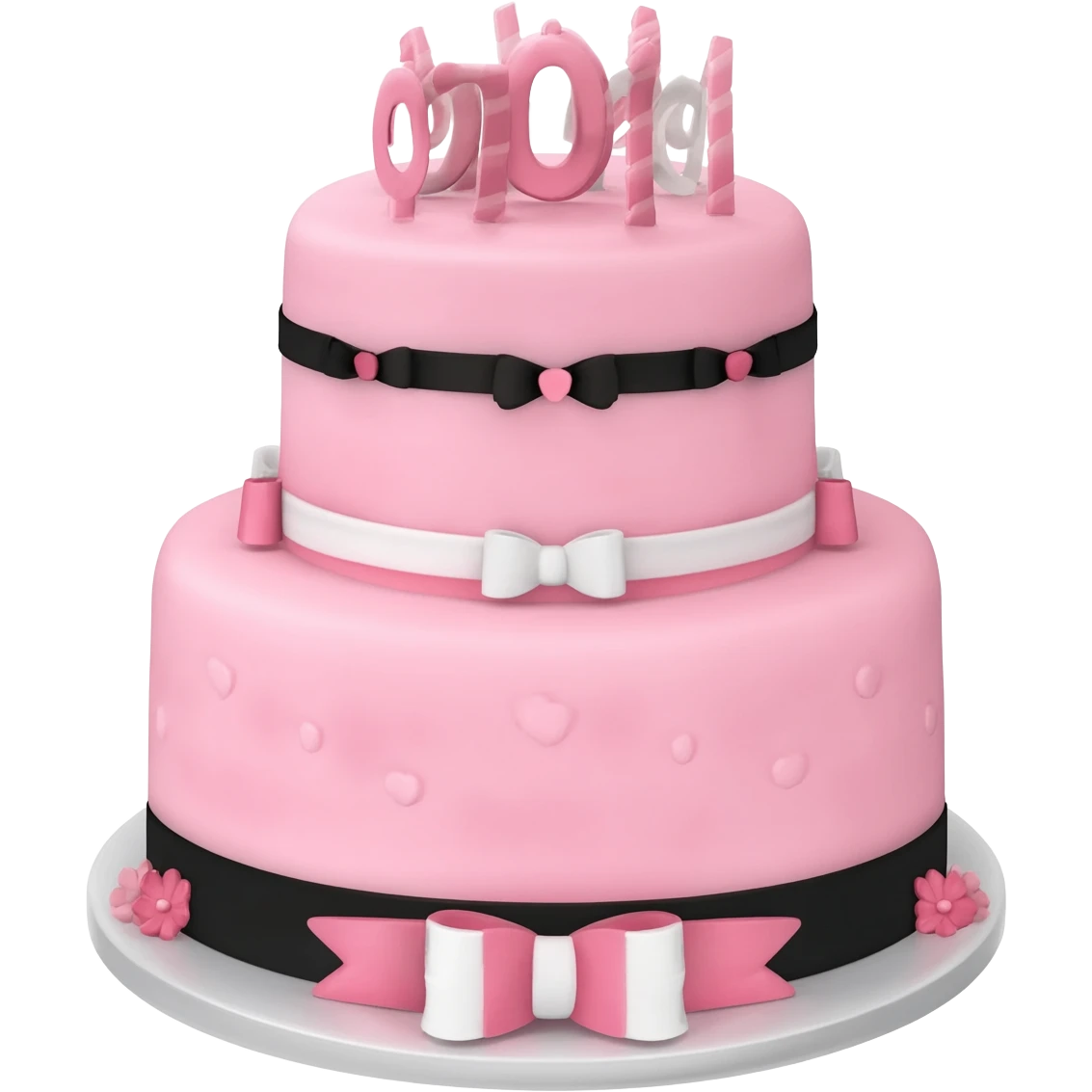 Pastel pink shaped birthday cake with black and white bows and flowers emoji