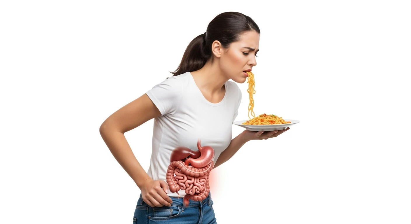 DONNA CHE TIENE UN PIATTO DI PASTA IN MANO MANGIATO PER METà, HA MAL DI PANCIA E INTESTINO UMANO ANATOMICO REALISTICO IN EVIDENZA, iperrealistico 4k, ISOLATA SU SFONDO BIANCO emoji
