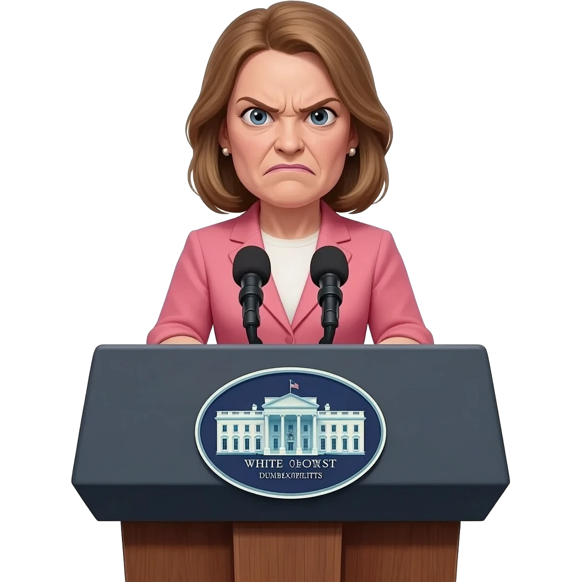 Karoline Leavitt behind the iconic White House briefing podium, with a pissed off dumb bitch face in a realistic photo like style emoji