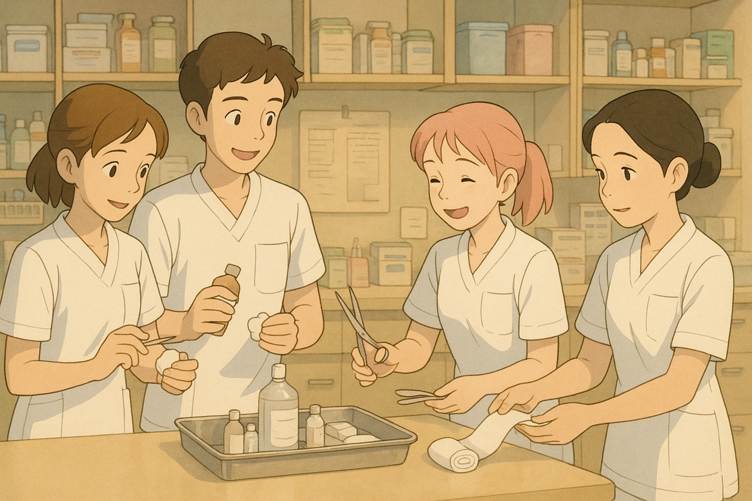 Four nursing students in Ghibli style, preparing equipment together in a care station, wearing white short-sleeve uniforms with V-neck medical tunics, left chest pocket, no collar stand, no stethoscopes, nothing protruding from sleeves, warm and collaborative scene emoji