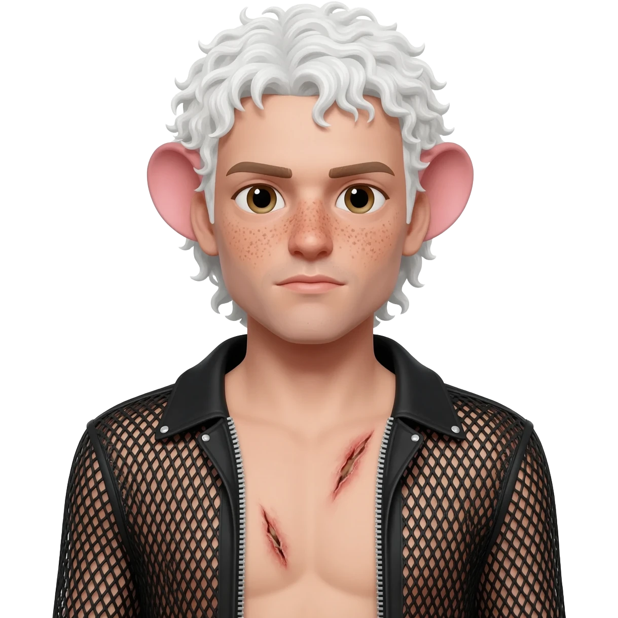 A transgender man with top surgery scars Two light scars along the chest under the nipples . He has rat ears and rat tails. He has freckles. His hair is long white and curly. He dressed in mesh jacket. emoji