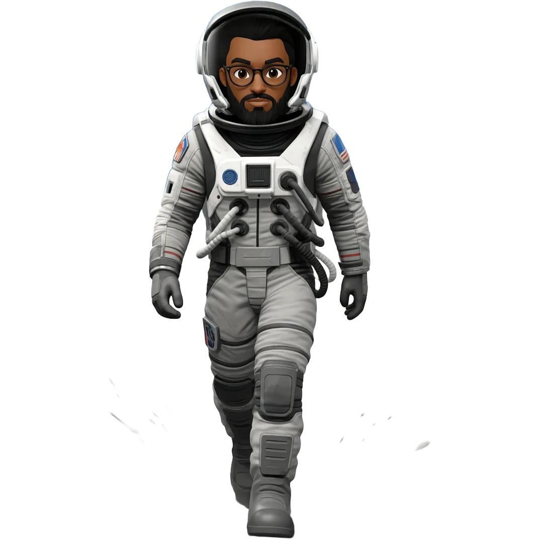 astronaut rogue one star wars moon on back with helmet walking space brown skin, black eyes, glasses and beard  black hair show body emoji