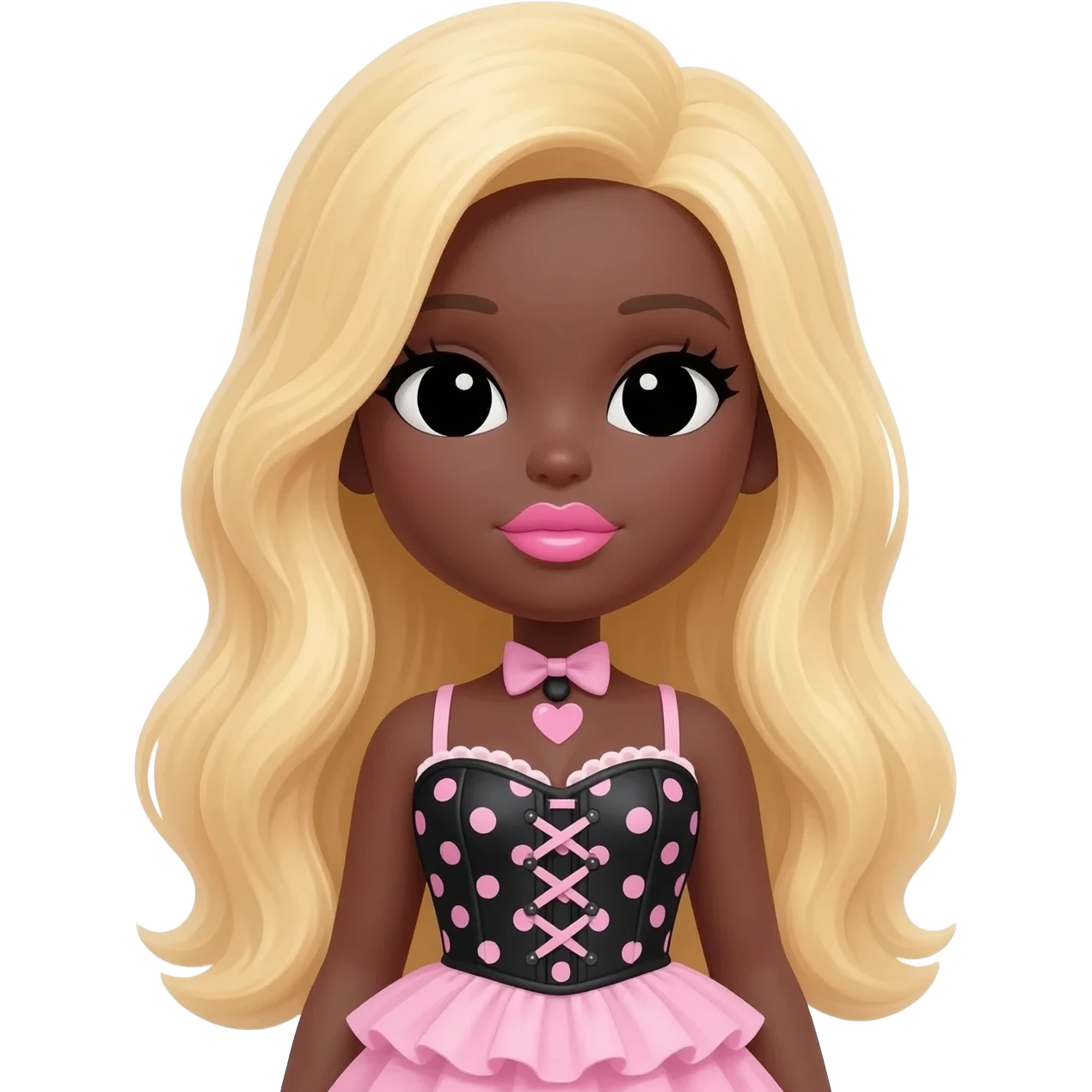 Doll faced shaped, hello kitty necklace, heart shaped cute lips bimbo, black doll eyes, Big lips barbie, dark brown skin with blonde hair, bimbocore outfit light pink and black polkadots emoji