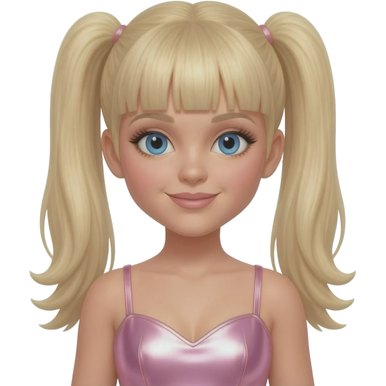 Baby Spice from Spice Girls with blue eyes, long blonde two ponytail hair with bang, light pink metallic sweetheart dress emoji