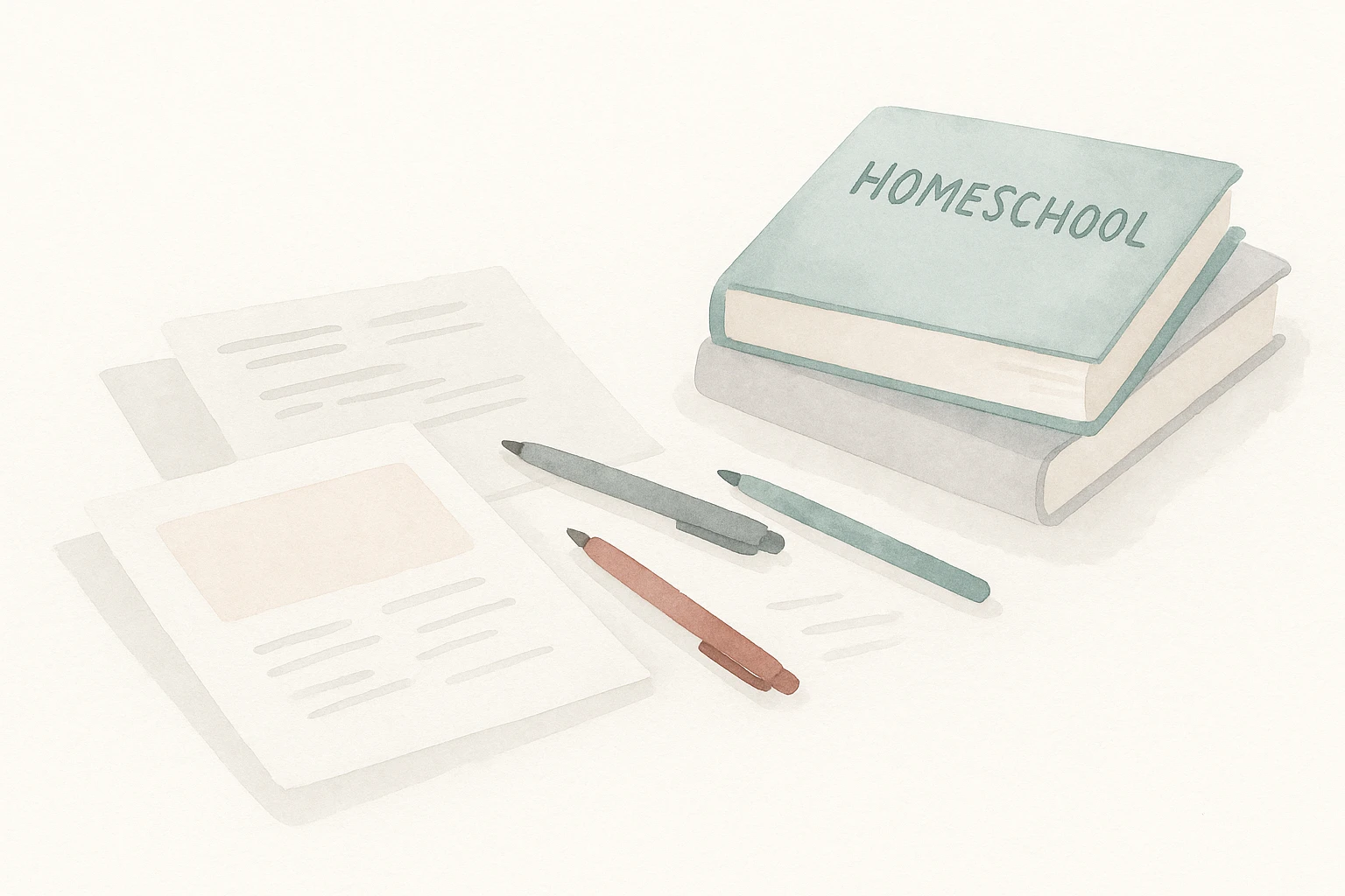 a table cluttered with paper, pens, and homeschool books, watercolor illustration style emoji