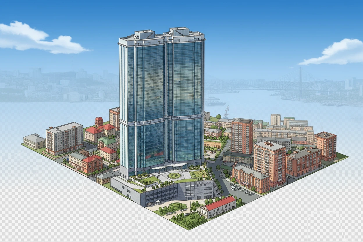 Изометричная, яркая, детализированная, объемная и фотореалистичная иллюстрация ЖК Аквамарин во Владивостоке. Чёткие контуры, не размазанные линии, высокое качество, прозрачный фон, не обрезать края картинки emoji
