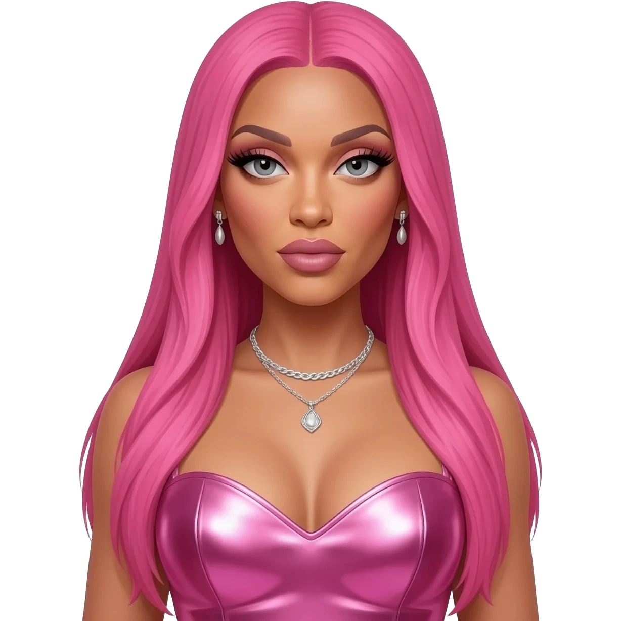 Nicki Minaj with grey eyes, long hot pink hair, pink metallic sweetheart dress, silver necklace and earrings emoji