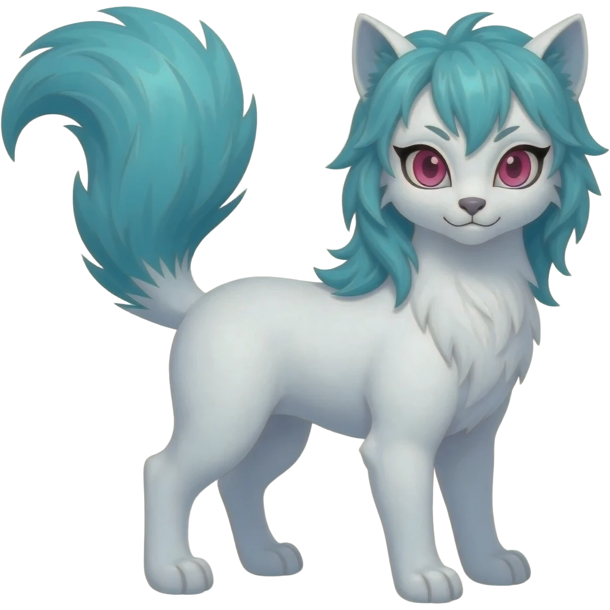 White badass elegant wild beautiful natural cute badass epic anthro modern albino sergal-vernid-creature with cyan mane and magenta eyes with cyan edgy stripes, full body, blue pretty hair, outside, modern, aesthetic, art by LiLaiRa, art by art by Falvie emoji