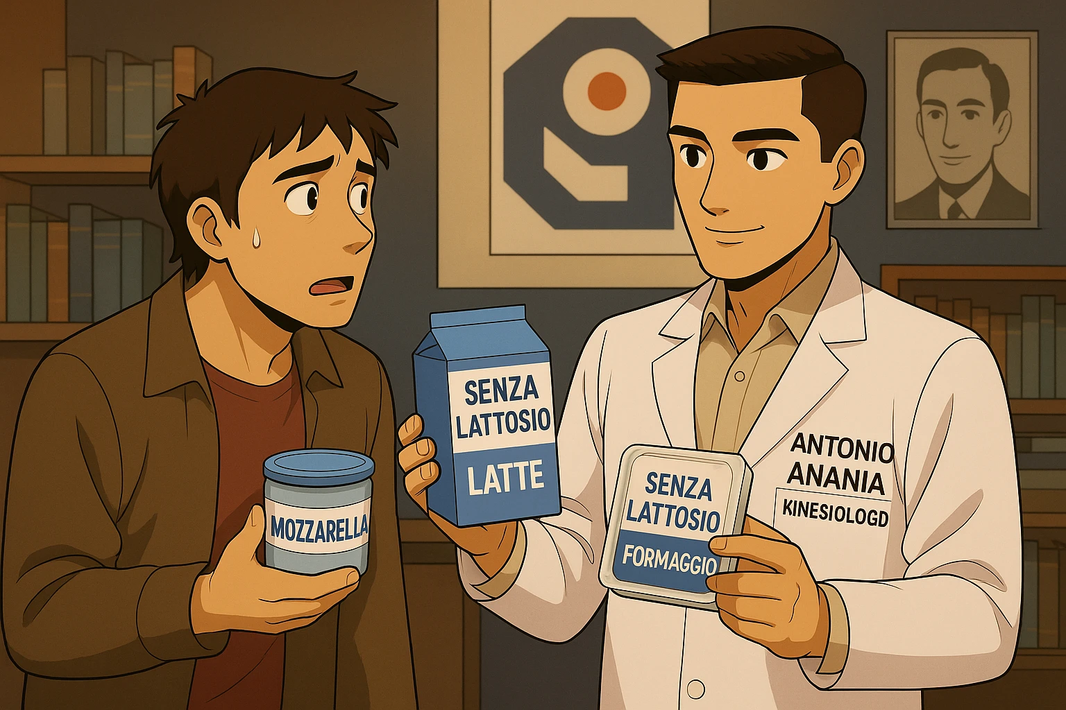 fai un webtoon manga a colori con questo stile, in cui un uomo ASCOLTA Il kinesiologo con il camice bianco (fagli anche la scritta "ANTONIO ANANIA" SUL CAMICE, IL KINESIOLOGO SPIEGA ALL'UOMO UNA MOSTRANDO VARI PRODOTTI DA SUPERMERCATO CONFEZIONATI (TIPO SCATOLA DI LATTE, MOZZARELLE CONFEZIONATE, FORMAGGIO CONFEZIONATO), OGNI CONFEZIONE HA LA SCRITTA "SENZA LATTOSIO SULL'ETICHETTA. L'UOMO OSSERVA IL KINESIOLOGO CON ESPRESSIONE CONFUSA IN VOLTO. non fare i fumetti però, fai solo in modo che sembri stiano parlando emoji