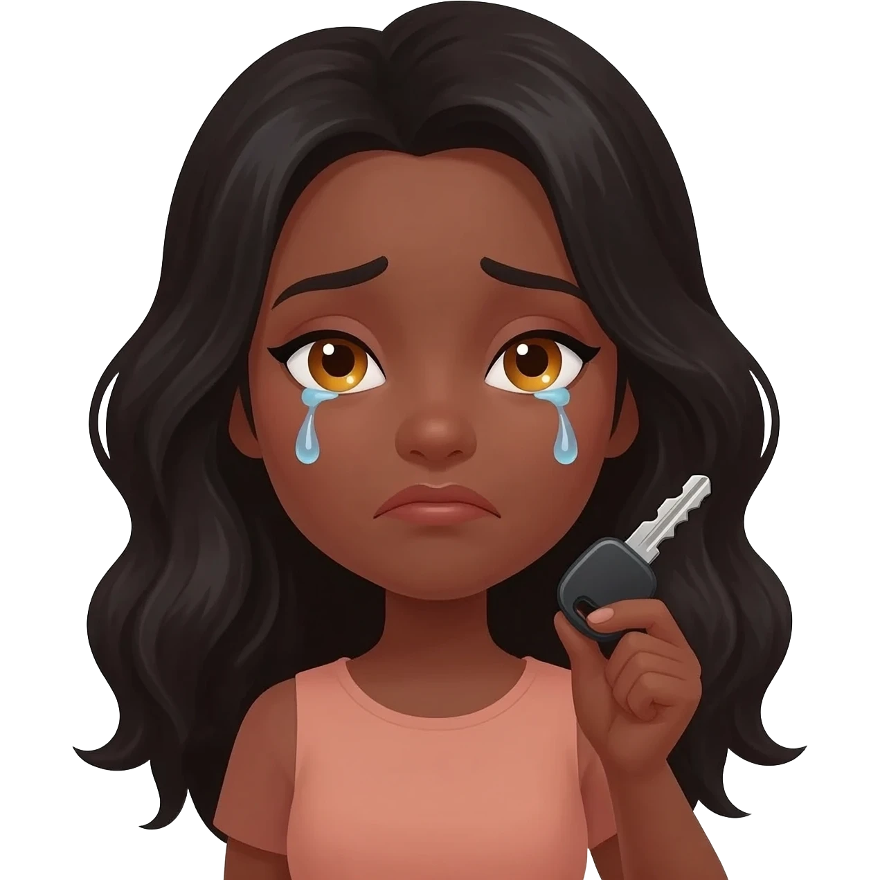 create two separate emoji-style images of the same woman. She has brown skin, long wavy black hair, and golden-brown eyes. Image 1: She has a very sad expression crying with downcast eyes and a slight frown. Image 2: She is radiating happiness, smiling, holding a car key in her hand. emoji