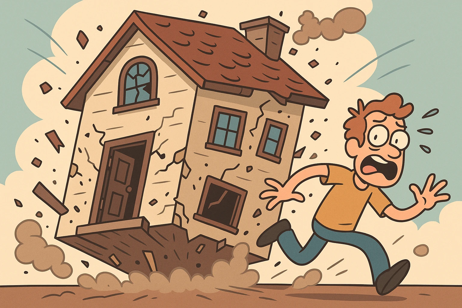 a house crashing down, cartoon style, dynamic, colorful, expressive emoji