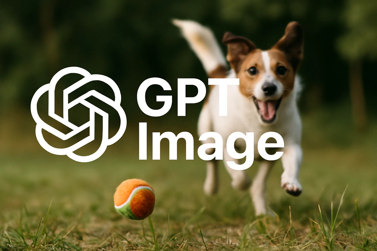  logo of chat gpt with text "GPT Image" on the background of a dog chasing ball, realistic image emoji