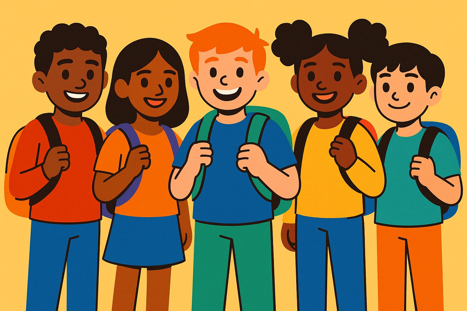 group of 5 diverse school students standing together smiling wearing backpacks vibrant toon style emoji