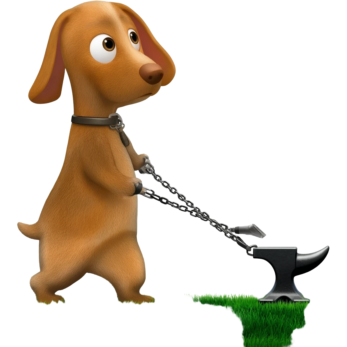 Pack hound pulling an anvil with a electric shaver showing a shaven  path along green grass by leads or chains emoji