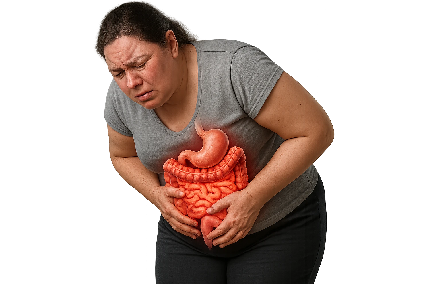 DONNA LEGGERMENTE SOVRAPPESO PIEGATA IN AVANTI FRONTALMENTE CON INTESTINO ANATOMICO IN EVIDENZA, MAL DI PANCIA iperrealistico 4k emoji