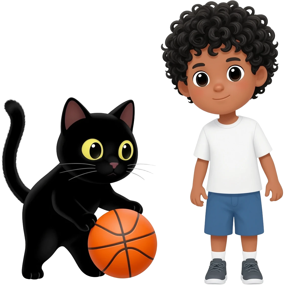 Black cat playing with orange basketball and a little white boy with curly black hair emoji
