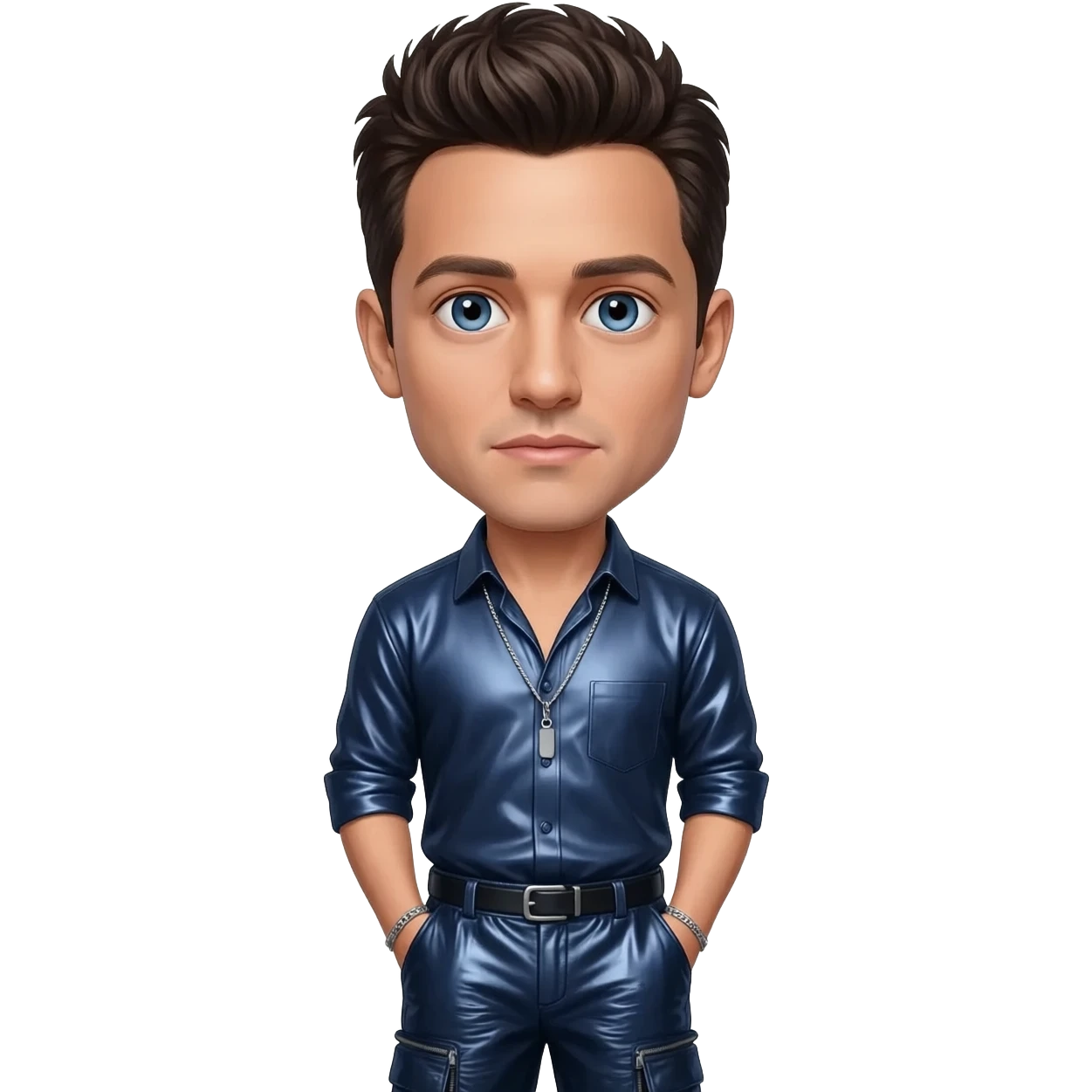 JC Chasez from NSYNC with blue eyes, dark brown hair, dark blue metallic shirt, dark blue metallic baggy pants, silver necklace emoji