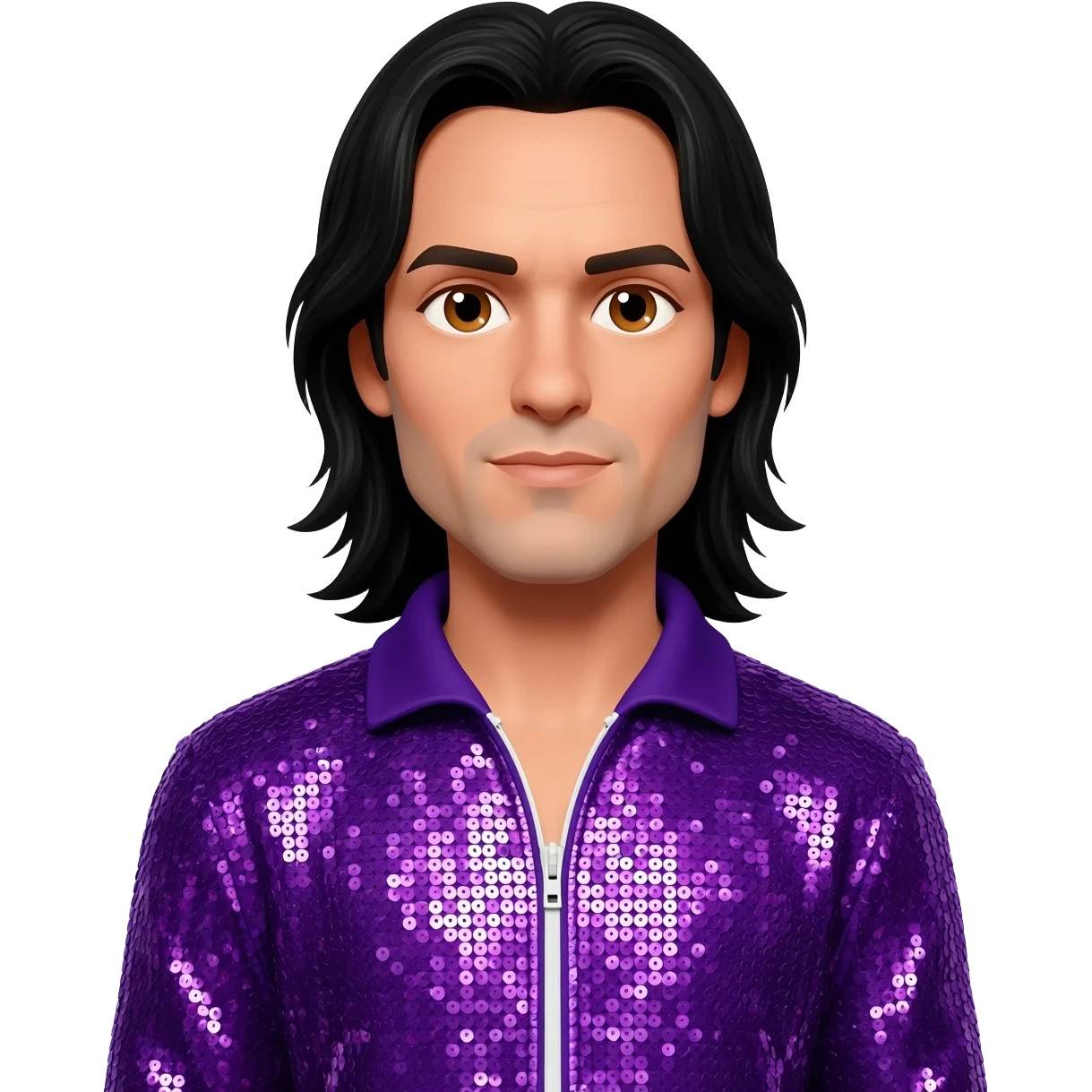 Jonathan Davis with brown eyes, long black hair, purple sequin tracksuit emoji