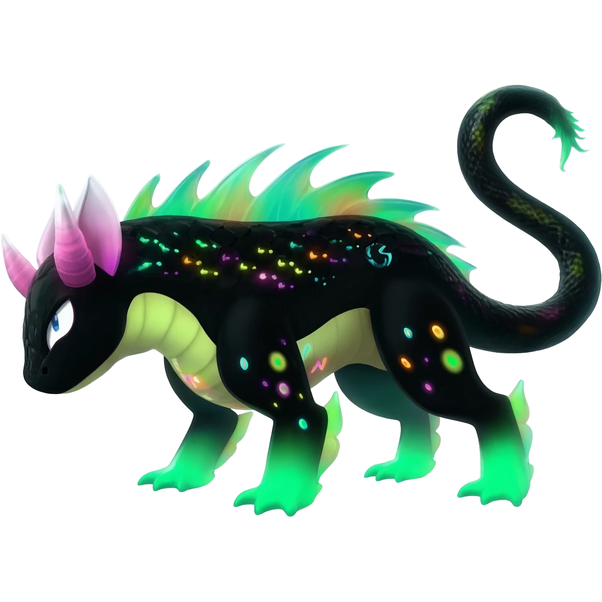 Rare realistic black-scaled neon-glowing bioluminescent edgy badass epic pretty beautiful handsome gorgeous aesthetic colorful vibrant Vernid-Trico-species-Fakemon-creature by LiLaiRa, 4 legs, 1 tail, random markings, (full body) emoji