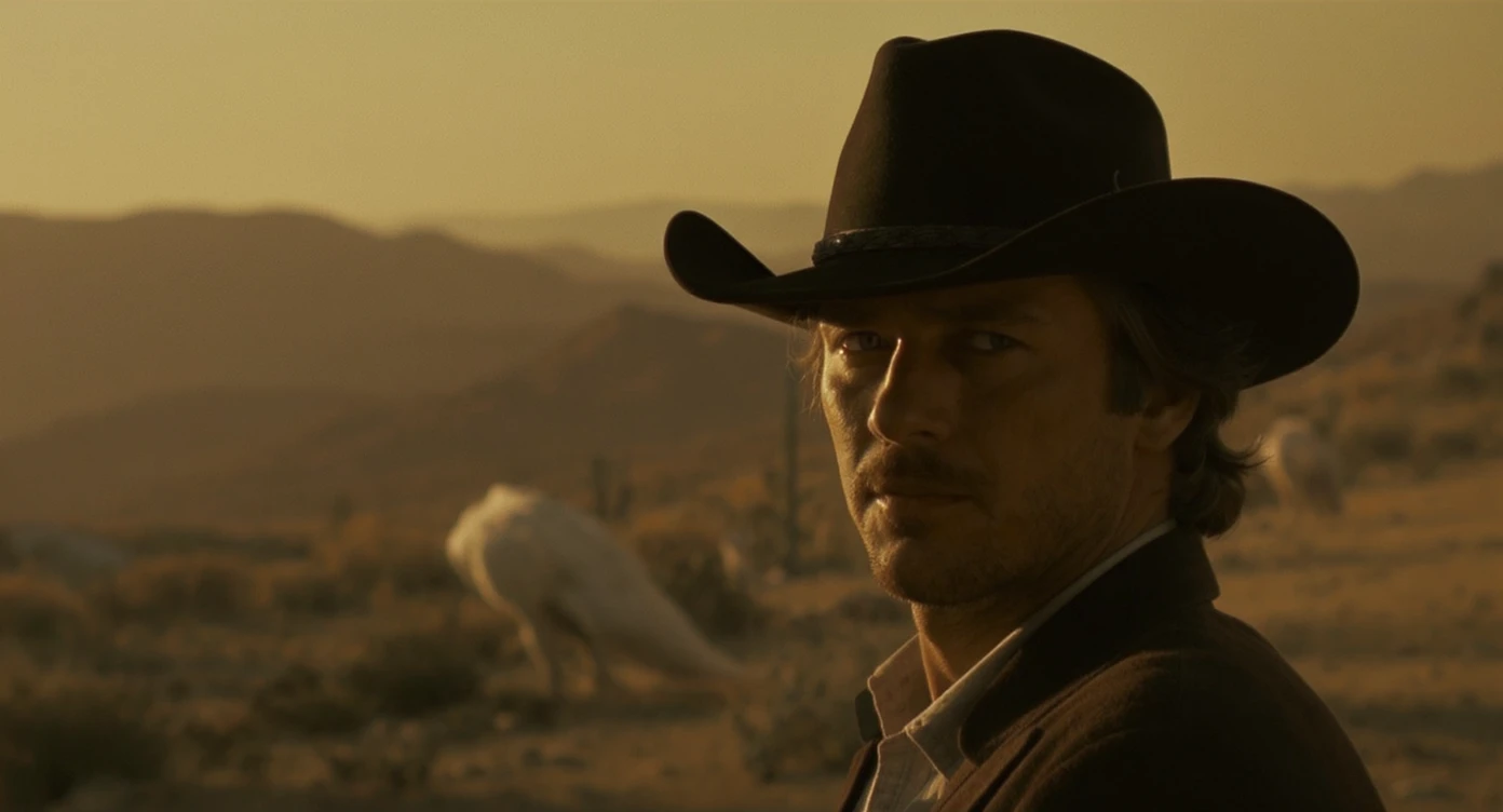 Cinematic , documentary photography, top angle medium shot, cowboy look eye brave, hard light golden hour, desert arizona, shot on arri alexa, 80s movie emoji