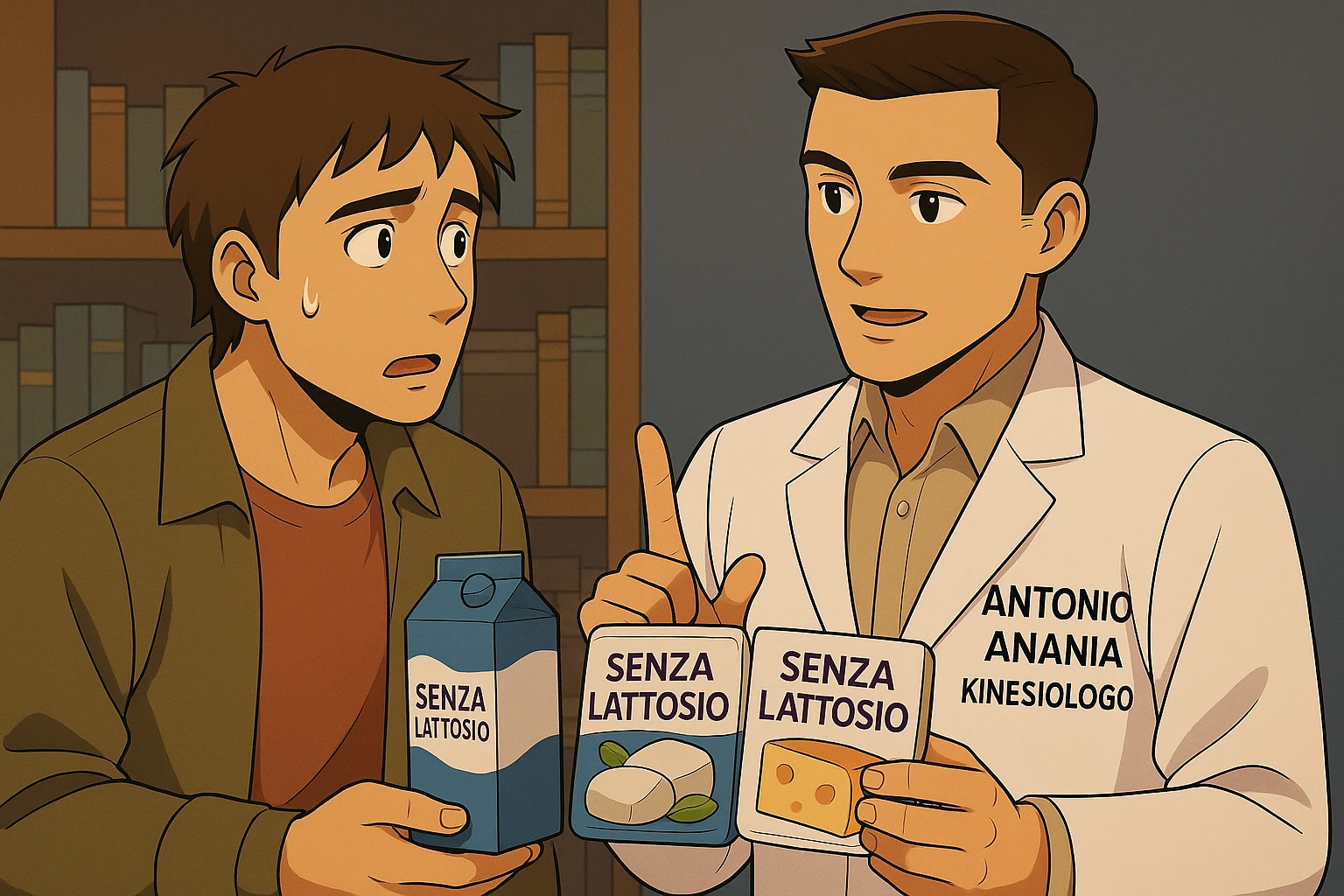 fai un webtoon manga a colori con questo stile, in cui un uomo ASCOLTA Il kinesiologo con il camice bianco (fagli anche la scritta "ANTONIO ANANIA" SUL CAMICE, IL KINESIOLOGO SPIEGA ALL'UOMO UNA MOSTRANDO VARI PRODOTTI DA SUPERMERCATO CONFEZIONATI (TIPO SCATOLA DI LATTE, MOZZARELLE CONFEZIONATE, FORMAGGIO CONFEZIONATO), OGNI CONFEZIONE HA LA SCRITTA "SENZA LATTOSIO SULL'ETICHETTA. L'UOMO OSSERVA IL KINESIOLOGO CON ESPRESSIONE CONFUSA IN VOLTO. non fare i fumetti però, fai solo in modo che sembri stiano parlando emoji