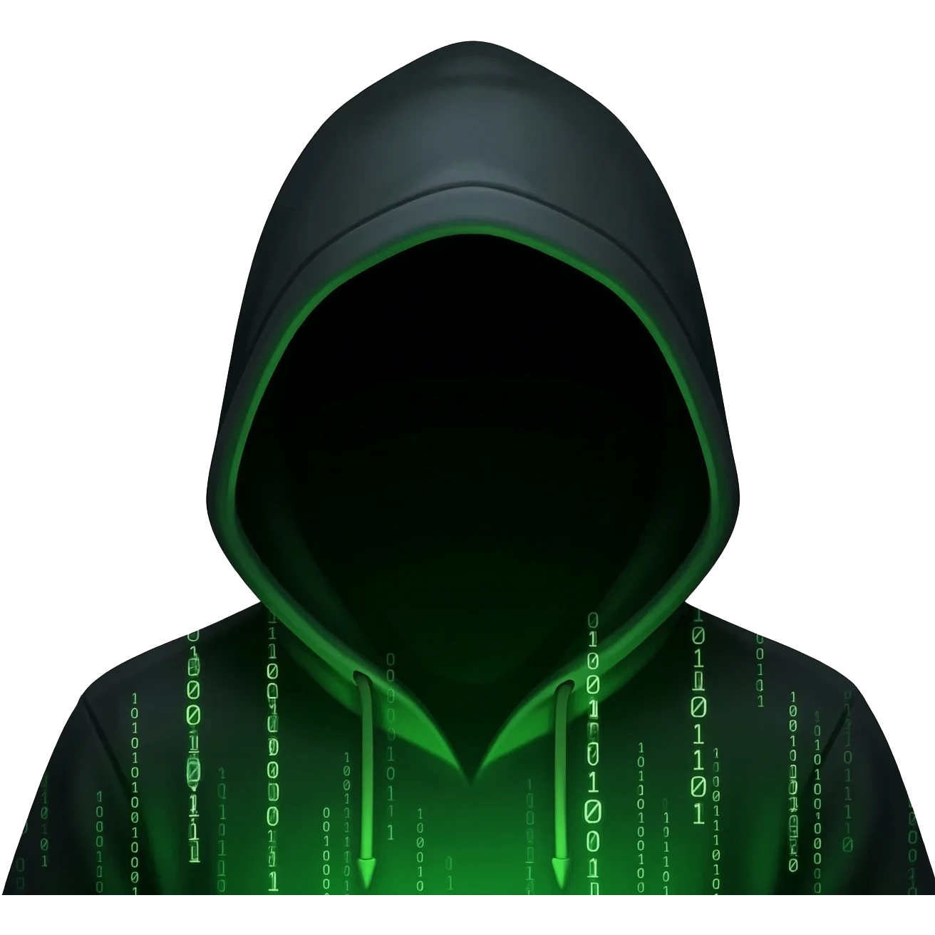 Binary system and "hacker" look, no face, black hoodie, green aura, detailed hoodie emoji