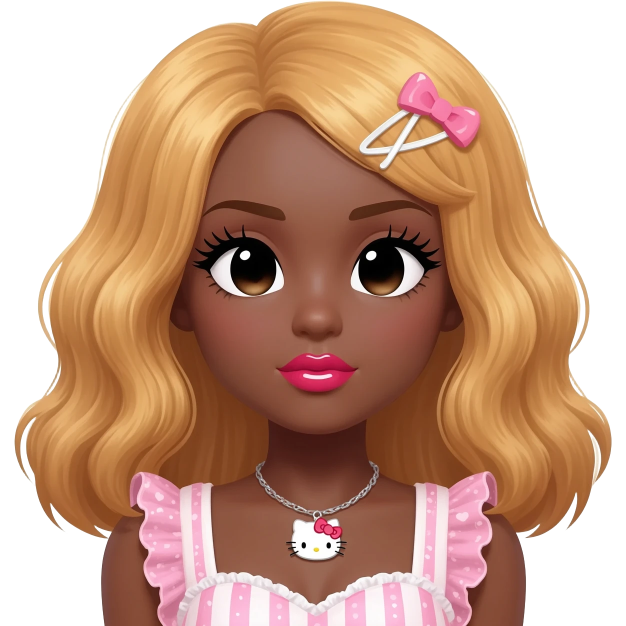 heart shaped lips, cute glossy lips, doll eyes with long lashes, dark brown skin, honey blonde hair, big chest, hello kitty necklace, one bow clip, bimbocore outfit emoji