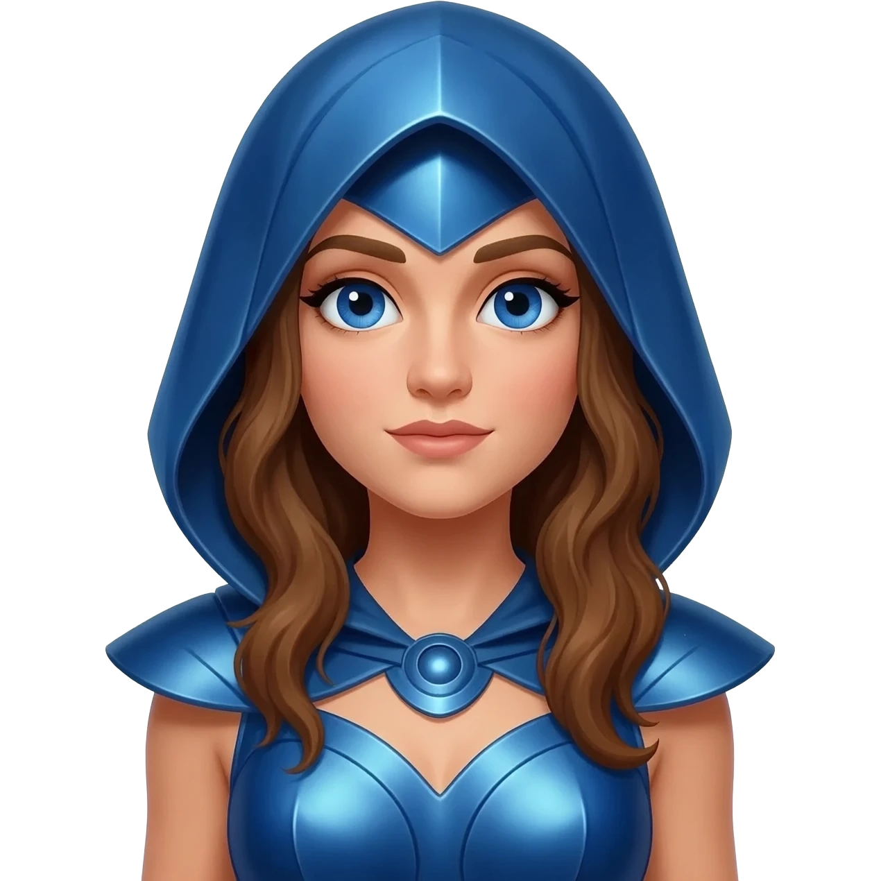 Juno from Roman Mythology with blue eyes, long brown hair, blue metallic cowl dress emoji
