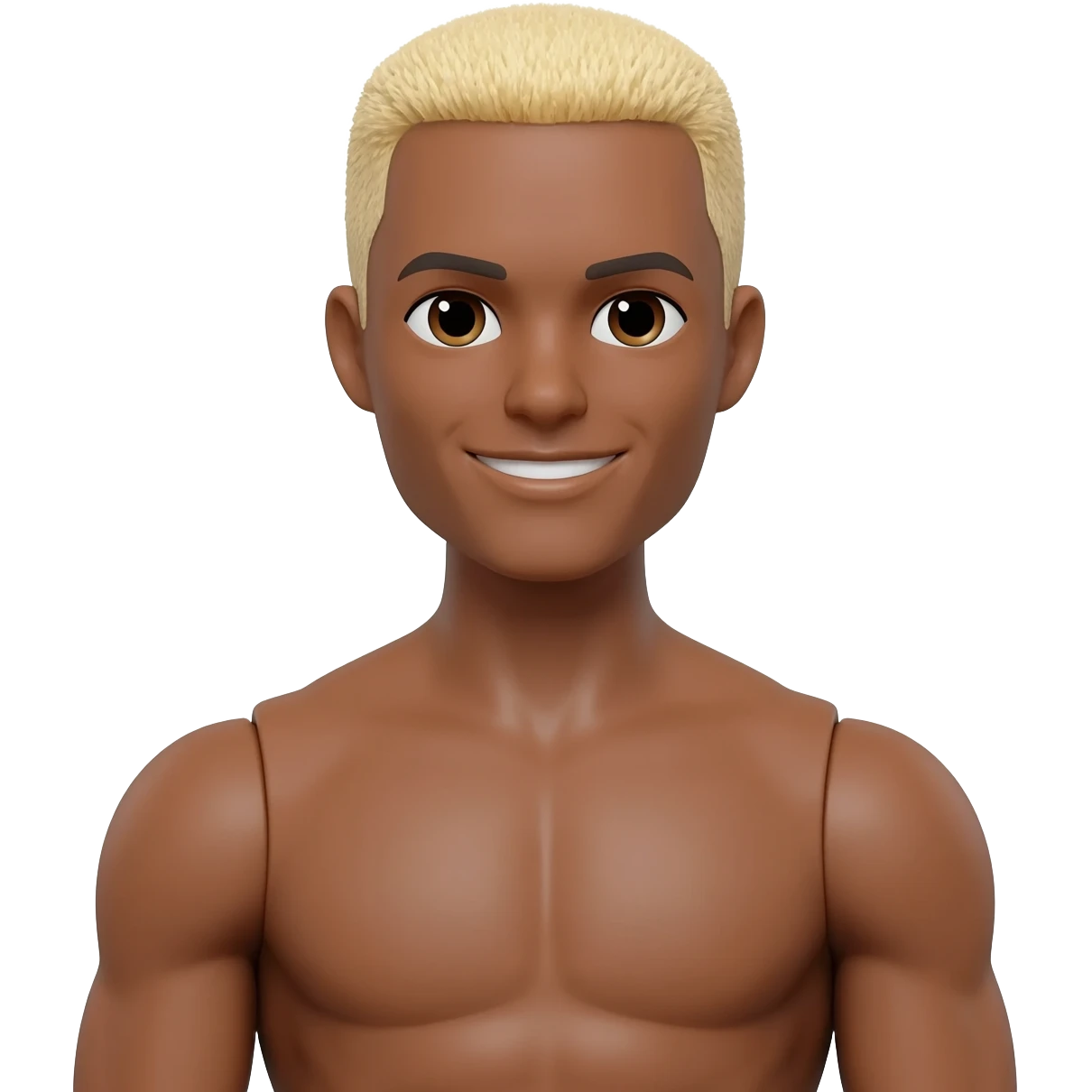 Brown skin Ken doll with blonde buzz cut blonde short hair brown eyes slim fit with muscles, smiling emoji
