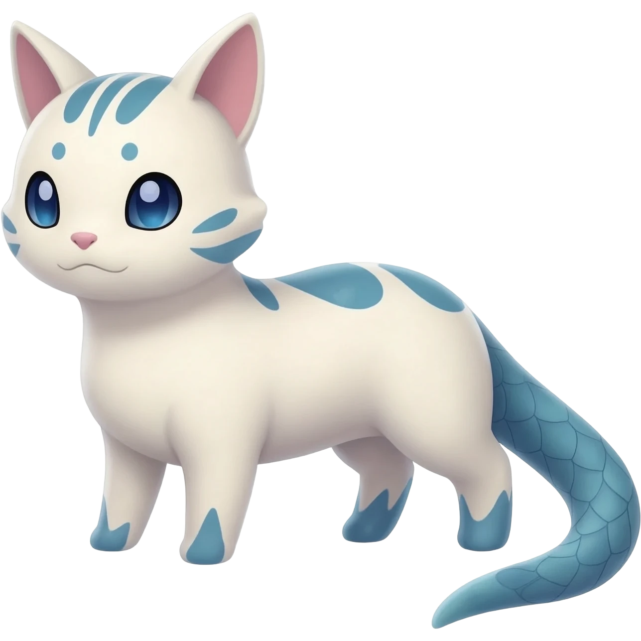 Cute realistic albino Minccino-Lykoi-Emolga-Pachirisu-Zangoose-fusion-hybrid-animal-Fakémon-creature, full body, thin long sleek scaly tail, intricate markings emoji
